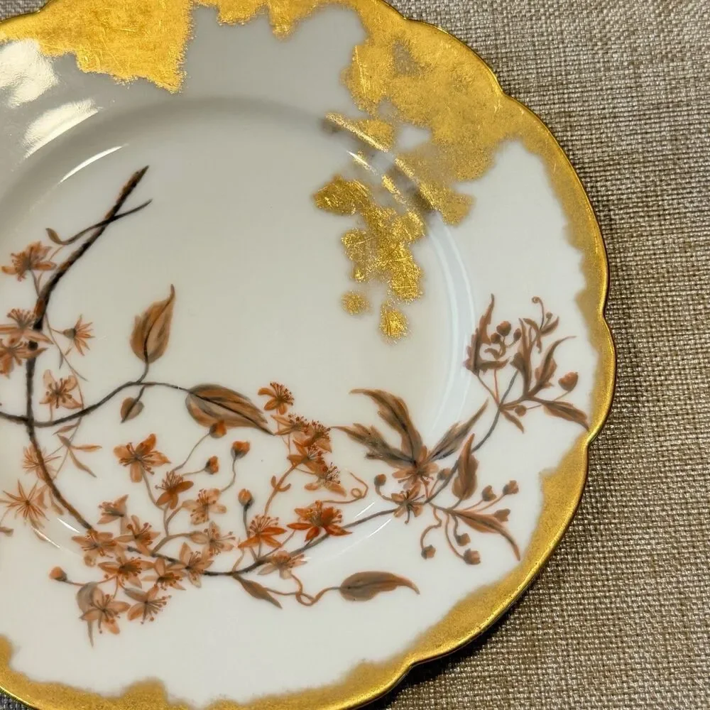 Antique H & Co Limoges Hand Painted Floral Orange Gold 7 3/4” Gold Edge Soft
